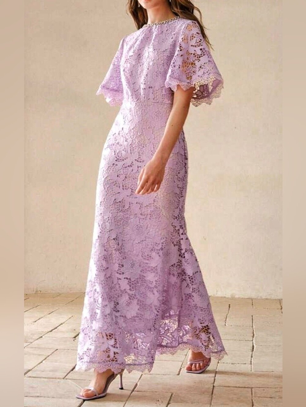 New Luxe Embroidered Lace Mermaid Maxi Dress Flutter Sleeve Purple Lilac